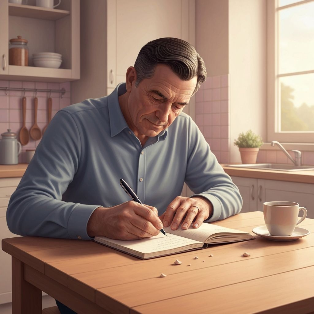 Person writing a food list at a kitchen table